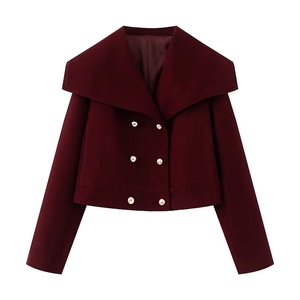Elegant wine red double-breasted wool coat with gold buttons and a wide lapel collar