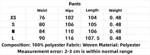 Tableau des tailles pour pantalon femme avec mesures XS-L et détails du tissu