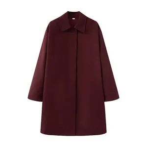 Women's burgundy long sleeve overcoat with hidden placket and pointed collar
