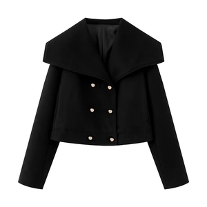 Women's black short wool coat with wide lapel and decorative gold double-breasted buttons