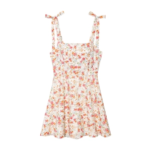 Damen Sommerkleid 2025 mit Blumenmuster, verstellbaren Schleifenträgern und eckigem Ausschnitt