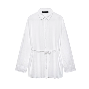 Women's minimalist white long sleeve button-down shirt with stylish waist drawstring tie