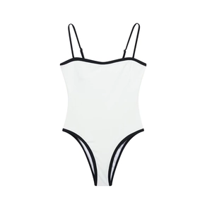 White bodysuit with black contrast trim and thin straps featuring high cut leg design