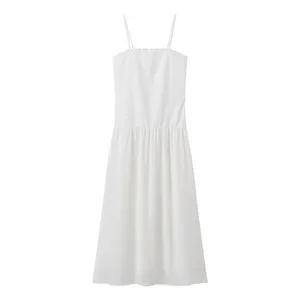 Damen Elegant Weiß Spaghettiträger Maxi Kleid Einfarbig Rückenfrei A-Linie Lang Kleid Für Sommer Urlaub Streetstyle