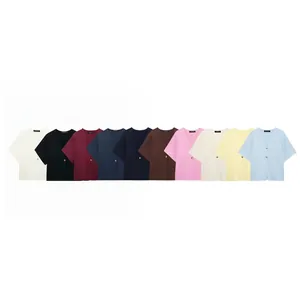 Women Short Sleeve V Neck Knit Top Casual Loose Ribbed Shirt With Metal Buttons Solid Color Lightweight Summer Fashion Top