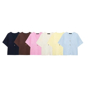 Women's V-neck short sleeve knit cardigans in multiple colors with metal buttons