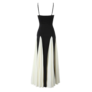 Elegante abito lungo senza schiena bicolore bianco e nero con gonna a pieghe in chiffon