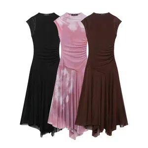 Abito Midi da Donna Sexy in Rete Senza Maniche Girocollo Fianco Arricciato Orlo Asimmetrico Streetwear Bodycon