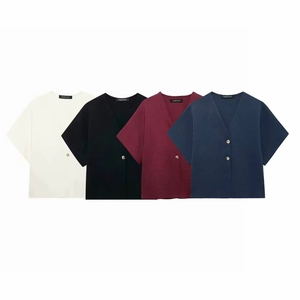 Women's 2025 short sleeve knit cardigan with V-neck and metal buttons in four colors
