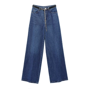Jeans donna a gamba larga blu scuro con vita alta e accessorio cintura a catena d'oro