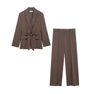 Veste Blazer en Satin pour Femmes Et Pantalon Large Ensemble de Costume Élégant Bureau Avec Ceinture Printemps Top And Bottom