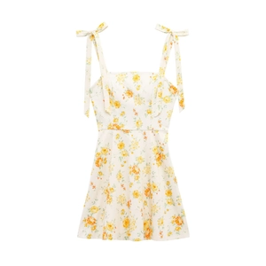Weißes sommerliches A-Linien-Kleid mit gelbem Blumenmuster und verstellbaren Bindeträgern