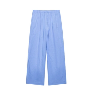 Pantalones de pernera ancha con rayas verticales azul claro y blanco para mujer con elástico