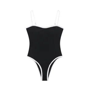 Women Sexy Contrast Trim Spaghetti Strap Bodysuit High Cut Slim Fit Sleeveless Stretchy One Piece Romper Jumpsuit Fashion Top
