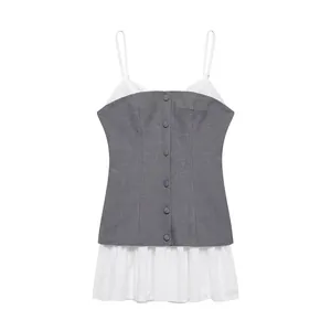 Women's 2-in-1 grey vest poplin dress with buttoned bodice and pleated white hemline