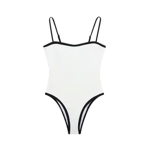 Sexy black and white high cut one-piece bodysuit with thin double shoulder straps