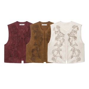 Detailed comparison of three vintage faux suede embroidered vests in burgundy brown and cream