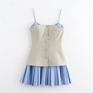 Women's spring short pleated dress with beige vest bodice and blue striped skirt
