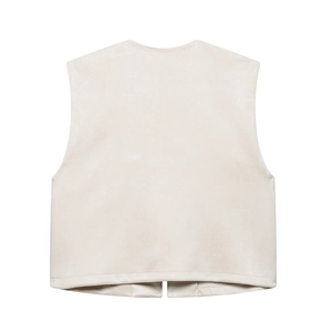 Back view of minimalist beige faux suede vest with soft texture and sleek round neck