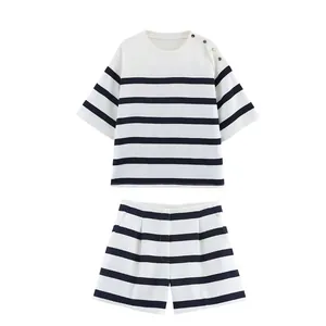 Ensemble Deux Pièces Femme Décontracté à Rayures Bleu Marine et Blanc en Polyester Haut à Manches Courtes Et Short