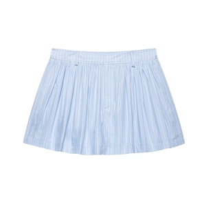 Jupe trapèze à rayures verticales bleu clair pour femme avec détails froncés et passants