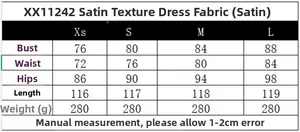 Tableau des tailles détaillé pour robe satinée avec mesures de poitrine et de taille