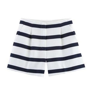Short décontracté taille haute pour femme avec rayures bleu marine, plis et poches latérales
