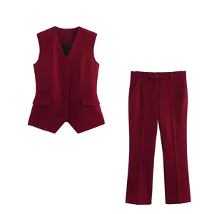 Femmes Élégant Polyester Sans Manches Col en V Gilet Blazer Top Et Pantalon de Costume Jambe Droite Bottom Bureau Travail Ensemble