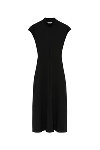 Detailed flat lay of a black sleeveless midi dress with high neck and center vertical seam