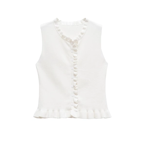 White sleeveless knit top for women with ruffled trim and front button detailing