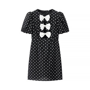 Damen Polka Dot A-Linien Kleid mit Puffärmeln und dekorativen Schleifen