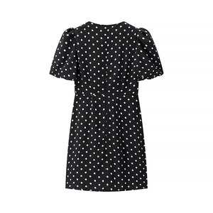 Damen Sommerkleid in Schwarz mit weißen Punkten, Puffärmeln und schmaler Taille