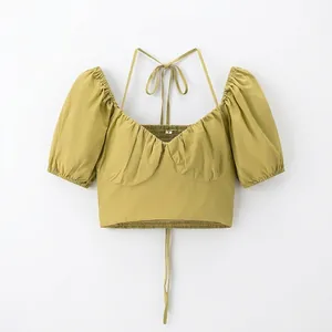 Women Sexy Slim Fit Halter Crop Top Mustard Yellow Bubble Sleeve Shirred Back Tie Up Summer Short T-Shirt Blouse
