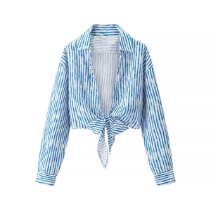 Blue and white striped cropped shirt with tie-front bow and elegant lapel collar
