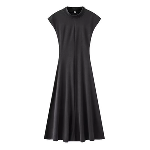 Elegant black sleeveless high-neck A-line dress with slim waist and flowing hemline