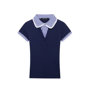 Maglia Polo a Manica Corta in Maglia a Costine da Donna Colletto a Revers Plaid Bordo in Pizzo Colore a Contrasto Slim Fit Blu Navy Top Pullover