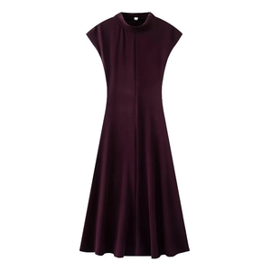 Elegant deep purple sleeveless A-line dress with chic high collar and pleated front details