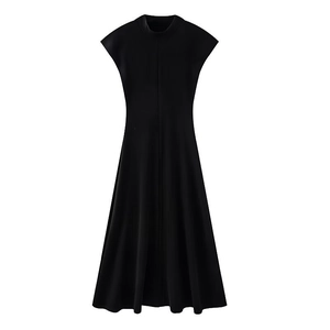 Elegant sleeveless black A-line dress with chic mock neck and slimming fitted waist design