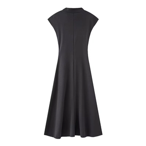 Elegant black sleeveless mock neck A-line midi dress for women, sleek minimalist design