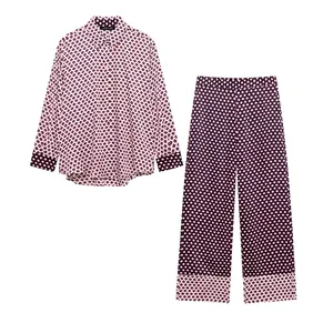 Vintage Geometric Print Satin Shirt And Wide Leg Pants For Women Retro Long Sleeve Button Down Shirt Floral Outfit