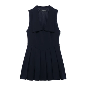 Robe longue sans manches bleu foncé à plis larges et col blazer élégant pour le printemps
