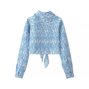 Back view of blue and white striped shirt with tie-up hem and classic collar detail