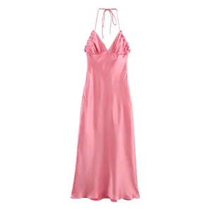 Robe Maxi en Satin à Dos Nu avec Col Halter pour Femme Rose Décolleté en V Bordure à Volants Lacets Soirée Vacances