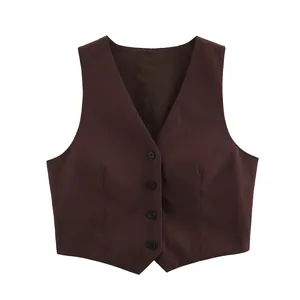 Women V Neck Single Breasted Suit Vest Slim Fit Back Strap Waistcoat Coffee Solid Color Polyester Sexy Office Top