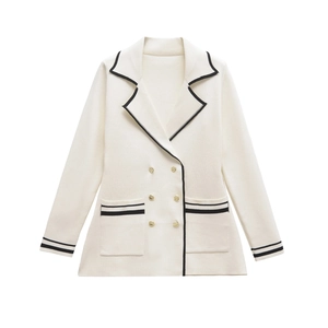 Women's cream double-breasted knit blazer with black trim and gold buttons