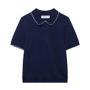 Haut polo en tricot bleu marine pour femme avec col V et bordures festonnées blanches