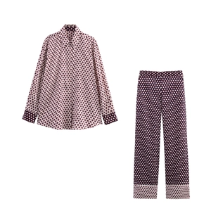 Retro geometric print satin set with button-down shirt and matching wide-leg pants