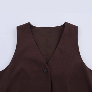 Women's V-neck dark brown slim fit buttoned vest in textured fabric with single button