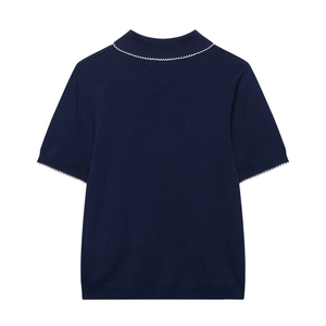 Haut en maille col V pour femmes en bleu marine avec détails brodés blancs ondulés