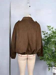 Detailed back view of a brown suede pilot jacket featuring elastic hem and shoulder epaulettes